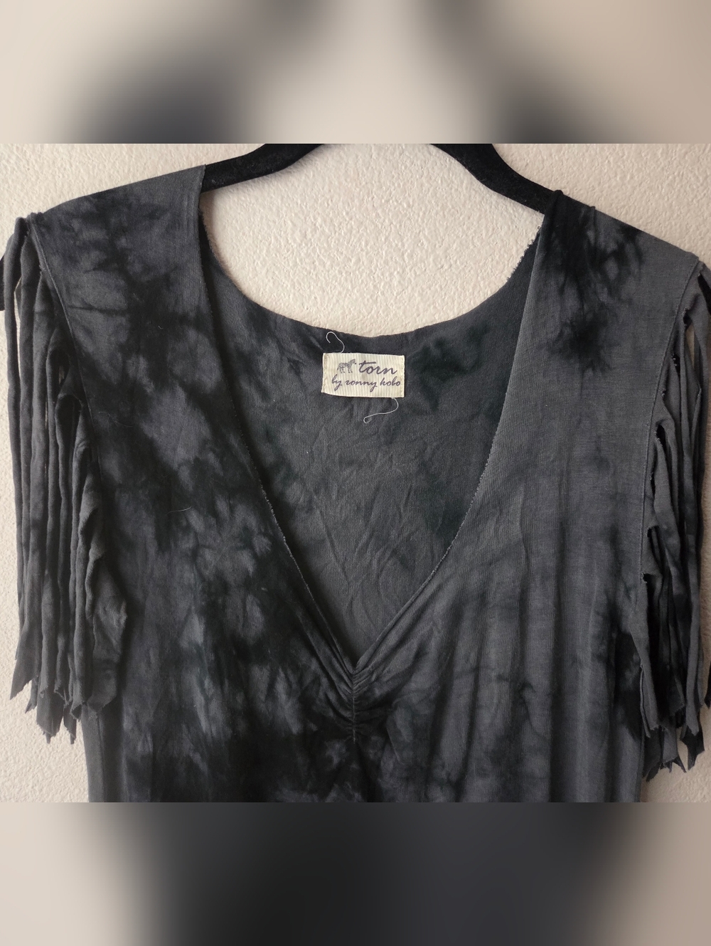Torn by Ronny Kobo Black Tie-Dye Fringe Maxi Dress